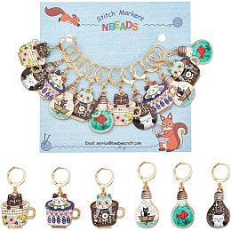 NBEADS 12 Pcs Cup Cat Stitch Markers, 6 Colors Alloy Enamel Cat Crochet Stitch Marker Charms Removable Locking Stitch Marker for Knitting Weaving Sewing Accessories Quilting Handmade Jewelry