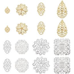 Pandahall Elite 160pcs Filigree Joiners Links Iron Filigree Charms Pedents, 8 Style 4 Color Filigree Metal Embellishments for DIY Headwear Earring Brooch Necklace Jewelry Making Gift Wrapping