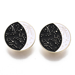 Honeyhandy Alloy Brooches, Enamel Pin, with Brass Butterfly Clutches, Flat Round with Moon, Light Gold, Black, 26x2mm, Pin: 1mm