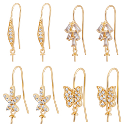 Beebeecraft 8Pcs 4 Style Brass Micro Pave Cubic Zirconia Earring Hooks, for Half Drilled Beads, Long-Lasting Plated, Oval & Flower & Tree & Butterfly, Real 18K Gold Plated, 24~25mm, Pin: 0.7mm, 2pcs/style