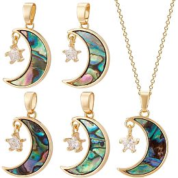 BENECREAT 5pcs Real 18K Gold Plated Moon Charms Pendant with Star Cubic Zirconia Brass Moon Abalone Shell Charms Jewelry Findings for Necklace, Earrings Making, 19x13x2mm