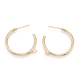 Honeyhandy Brass Stud Earring Findings, Half Hoop Earrings, with Loop, Nickel Free, Real 18K Gold Plated, 32.5x29x2mm, Hole: 2mm, pin: 0.7mm