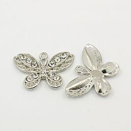 Honeyhandy Alloy Rhinestone Pendants, Cadmium Free & Lead Free, Platinum Color, Butterfly, Clear, about 32mm wide, 21mm long, 4mm thick, hole: 1.5mm