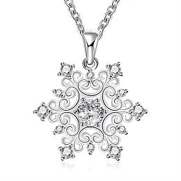 Honeyhandy Fashion Popular Brass Cable Chain Snowflake Cubic Zirconia Pendant Necklace, Christmas Jewelry, Silver Color Plated, 18 inch