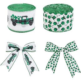 Arricraft 2 Rolls Single Face Polyester Ribbon, 2-1/2" X 10 Yds Clover & Car Pattern Printed Ribbons, Wired Edge Ribbons for Wrapping ,Hair Bows, Packaging, Party, Patrick's Day Decoration ( Green )