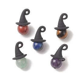 Honeyhandy Halloween Theme Natural Mixed Stone Round Pendants, Witch Charms, with Black Alloy Hat, Mixed Color, 19.5x11x11mm, Hole: 1.5mm