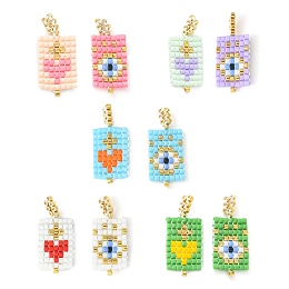 Honeyhandy 2Pcs 2 Style Handmade MIYUKI Japanese Seed Loom Pattern Seed Beads, Rectangle with Heart & Evil Eye Pendants, Mixed Color, 23.5~24x10x2mm, Hole: 2.5mm, 1Pc/color