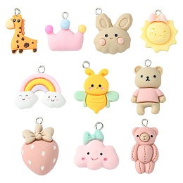 Honeyhandy 10Pcs 10 Styles Opaque Resin Pendants, Cartoon Charms, with Platinum Tone Iron Loops, Bear & Rabbit Head & Crown, Mixed Shapes, Mixed Color, 22~32.5x17.5~24x5~10mm, Hole: 2mm, 1pc/style