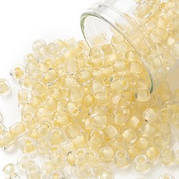 Honeyhandy 6/0 Glass Seed Beads, Transparent Inside Colours, Round Hole, Round, Champagne Yellow, 6/0, 4~5x2.5~4.5mm, Hole: 1.2mm, about 4500pcs/bag