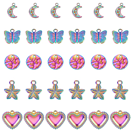 DICOSMETIC 30Pcs Butterfly/Starfish/Moon/Heart/Disc Charm Ocean Animal Charm Rainbow Color Textured Flat Round Pendant Stainless Steel Dangle Charm for DIY Necklace Earring Jewelry Making Craft