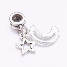 Honeyhandy Tibetan Style Alloy European Dangle Charms, Star & Moon, Antique Silver, 29mm, Hole: 4.5mm