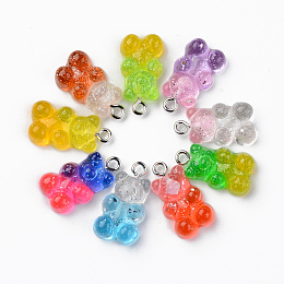 Honeyhandy Transparent Resin Pendants, with Glitter Powder and Platinum Tone Iron Loop, Bear, Mixed Color, 21x11x7mm, Hole: 1.8mm