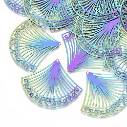 Honeyhandy Ion Plating(IP) 201 Stainless Steel Filigree Pendants, Etched Metal Embellishments, Fan, Rainbow Color, 42x50x0.3mm, Hole: 1.2mm