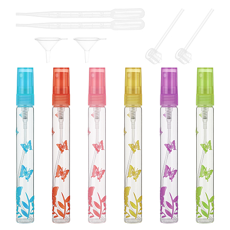 SUPERFINDINGS Butterfly Pattern Mini Glass Spray Bottles, with Fine Mist Sprayer & Dust Cap, Plastic Dropper & Funnel Hopper & Pump, Mixed Color, 11.8x1.4cm; Capacity: 10ml, 6 colors, 2pcs/color, 12pcs