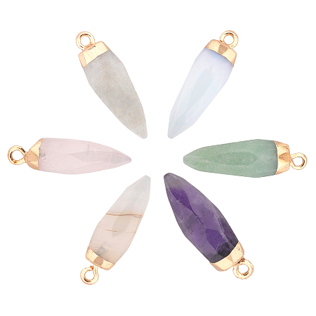 Top Golden Plated Natural & Synthetic Mixed Gemstone Pointed Pendants, with Iron Loops, Faceted, Bullet, 25~26x7~8mm, Hole: 1.8mm; 6materials, 1pc/material, 6pcs/box