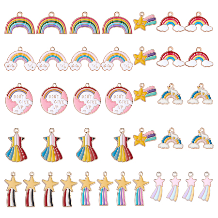 SUNNYCLUE Alloy Enamel Big Pendants, Rainbow & Heart & Cloud & Star, Light Gold, Mixed Color, 7.4x7.2x1.7cm, 40pcs/Box