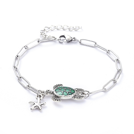 Honeyhandy Charm Bracelets, with Alloy Starfish Charms and Alloy Enamel Sea Turtle Links, 304 Stainless Steel Paperclip Chains and Lobster Claw Clasps, Stainless Steel Color, 7-1/2 inch(19.2cm)