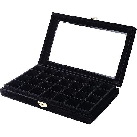 NBEADS 28 Grid Jewelry Box with Glass Lid, Black Velvet Jewelry Box Jewelry Display Wedding Packaging Storage Case Organizer For Rings Earrings Necklaces Nail Art Gifts