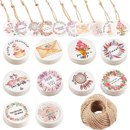 ARRICRAFT 200 Pcs 10 Styles Printed GiftTags, Round Personalized FavorTags Perpar Hanging Decorative PaperTags with Jute Cord for Christmas Wedding Birthday Package Present Festival Event