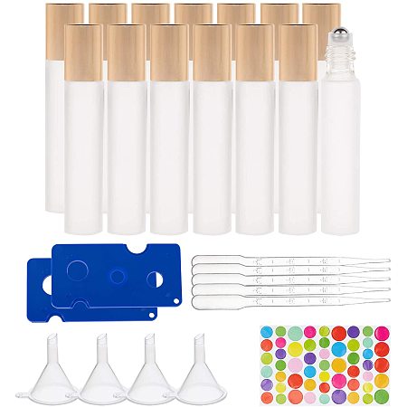 BENECREAT 20 Pack 10ml Frosted Essential Oil Roller Bottle Glass Clear Roll on Bottles with Opener, Dropper, Funnel and Stickers for Essential Oils Perfumes Aromatherapy