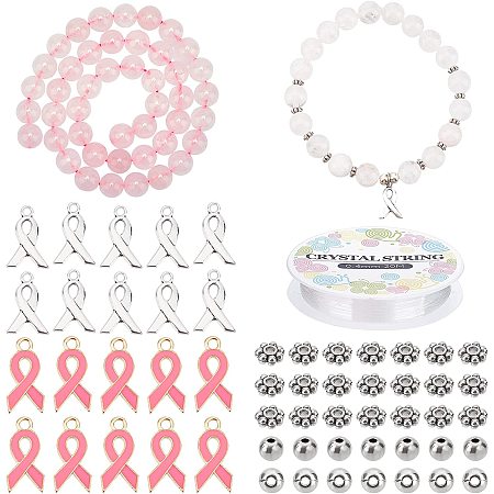 NBEADS 164 Pcs Cancer Awareness Bracelet Making Kit, DIY Craft Kit with 44 Pcs Rose Quartz Beads, Tibetan Style Spacer Beads and Silver/Pink Ribbon Pendants for Breast Cancer Fundraising Pink Out Day