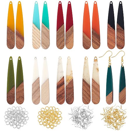 OLYCRAFT 100pcs Resin Wooden Earring Pendants 14pcs Teardrop Wood Statement Jewelry Findings Slim Wood Earring Accessories Large Size with Earring Hooks Jump Rings for Jewelry Making - 10 Colors