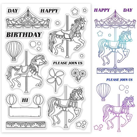 GLOBLELAND Happy Birthday Clear Stamps Transparent Silicone Stamp Carousel Windmill Balloon Candy for Card Making Decoration and DIY Scrapbooking