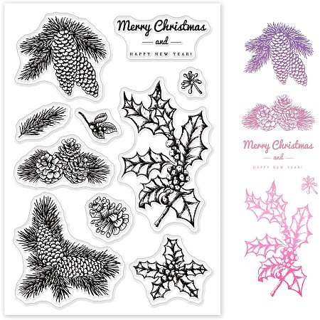 GLOBLELAND Pine Cones and Holly Leaves Silicone Clear Stamps with Merry Christmas for Cards Making DIY Scrapbooking Photo Album Decoration Paper Craft,6.3x4.3 Inches