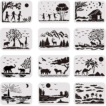 BENECREAT 12PCS 8x12 Inches Animal Forest Template Stencil Mountains Self-Adhesive Template Painting Stencil for Art Craft Painting Scrabooking and Decoration