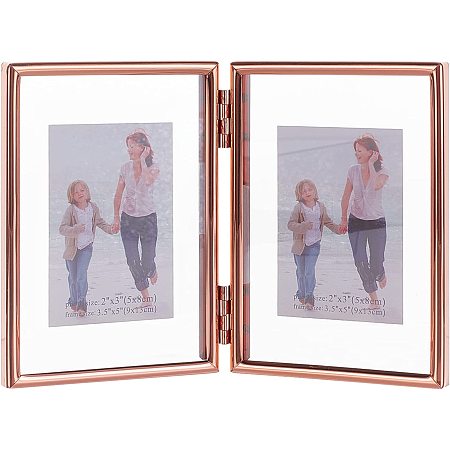 OLYCRAFT 5x7 inch Folding Double Metal Photo Frames Double-Sided Metal and Glass Picture Frames Hinged Family Photo Frame for Desktop or Tabletop DIY Frame Foldable