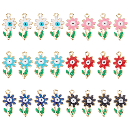 SUPERFINDINGS 24Pcs 6 Colors Rack Plating Alloy Enamel Pendants, Cadmium Free & Nickel Free & Lead Free, Light Gold, Flower with Evil Eye, Mixed Color, 25.5x14x3.5mm, Hole: 2mm, 4pcs/color