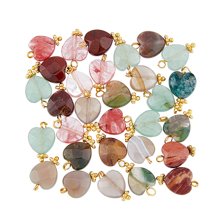 DICOSMETIC 30Pcs 5 Colors Natural Heart Agate Charms with Flower Bead Spacers Colorful Crystal Stone Charms Flat Heart Pendants with Golden Loop for Jewelry Making, Hole: 1.6mm
