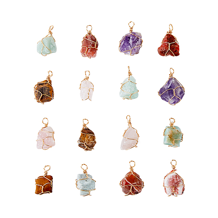 Arricraft 20 Pcs 24~30mm Mixed Color Rough Raw Natural Mixed Stone Pendants with Real 18K Gold Plated Wire Wrapped Nuggets Rough Stone Charms for Making Jewelry Necklace Earring, Hole: 4~4.5mm