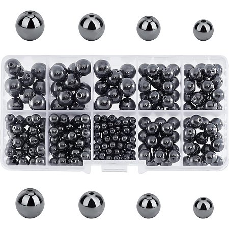PandaHall Elite Black Hematite Beads, 316pcs 4 Sizes Round Gemstone Beads Loose Energy Beads Stone Beads with 1~2mm Hole for Earrings Bracelets Necklaces Jewelry DIY Crafts Making, 4mm 6mm 8mm 10mm