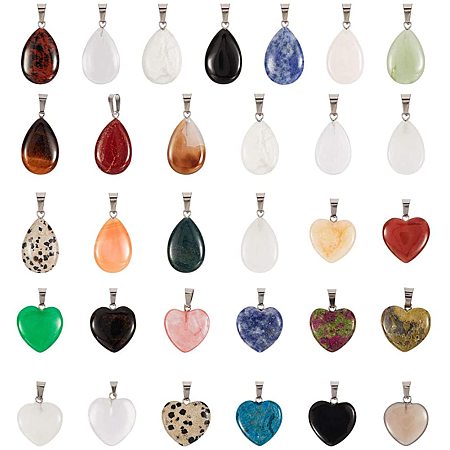 PH PandaHall 28pcs 2 Shapes Natural & Synthetic Gemstone Pendants, with Platinum Tone Brass Findings, Teardrop and Heart