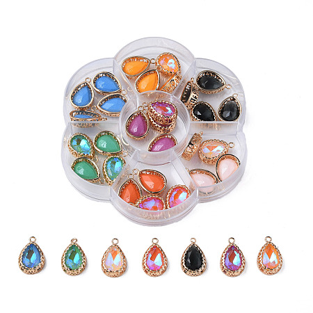 K9 Glass Pendants, with Light Gold Plated Brass Findings, Teardrop, Faceted, Mixed Color, 20x13x5mm, Hole: 1.8mm