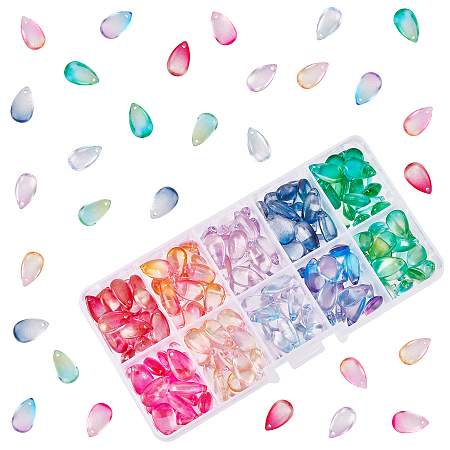 PandaHall Elite 200Pcs 10 Colors Transparent Glass Charms, Dyed & Heated, Teardrop, Mixed Color, 13.5x8x6.5mm, Hole: 1.2mm, 20pcs/color