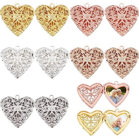 BENECREAT 10Pcs 5 Colors Openwork Heart Shaped Photo Frame Locket Charms, Vintage Alloy Photo Pendant Trays for Memorial Necklaces Jewelry Making DIY Crafts, Hole: 1.5mm