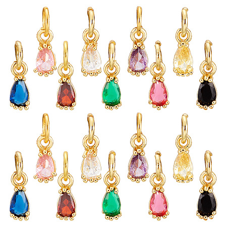 AHANDMAKER 18Pcs 9 Colors Brass Pave Cubic Zirconia Charms, with Jump Ring, Long-Lasting Plated, Real 18K Gold Plated, Faceted Teardrop, Mixed Color, 8x3x3mm, Hole: 3mm, 2pcs/color