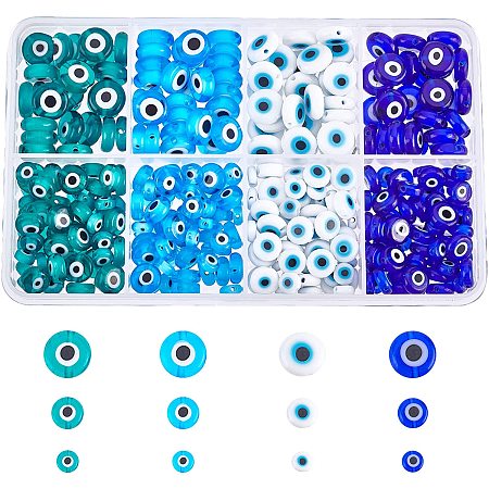 NBEADS 360 Pcs Evil Eye Beads, 4 Colors Handmade Lampwork Beads Flat Round Glass Evil Eye Beads Strands for Bracelets Necklace Jewelry Making, 4 Size