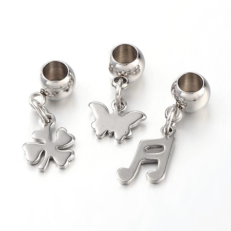 Honeyhandy Mixed Shape 304 Stainless Steel European Large Hole Dangle Charms, Stainless Steel Color, 19~24mm, Hole: 3.6~4mm