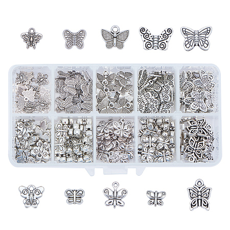 PandaHall Elite 200 PCS 10 Style Antique Tibetan Silver Alloy Butterfly Spacer Charm Beads Jewelry Findings Accessories for Bracelet Necklace Jewelry Making