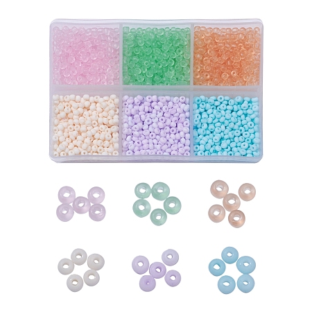 ARRICRAFT 1800Pcs 6 Colors 8/0 Transparent & Opaque Glass Seed Beads, Round Hole, Frosted Colours, Round, Mixed Color, 3~4x2~3mm, Hole: 0.8mm, 300pcs/color