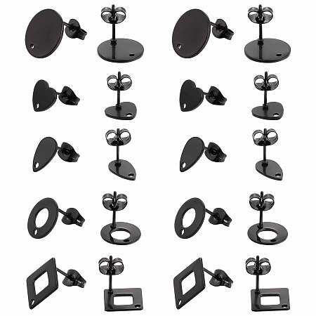 SUNNYCLUE 1 Box 30Pcs 5 Style Black Earring Posts Stainless Steel Earring Post Ear Stud with Loop Metal Earring Studs Flat Round Stud Earrings Ear Nuts for Earrings Jewelry Making DIY Women Crafts