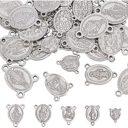 UNICRAFTALE About 50Pcs 5 Sizes Oval with Virgin Mary Links Connectors 201 Stainless Steel Chandelier Component Links Metal Connectors with 3 Small Hole for DIY Necklaces Jewelry Making