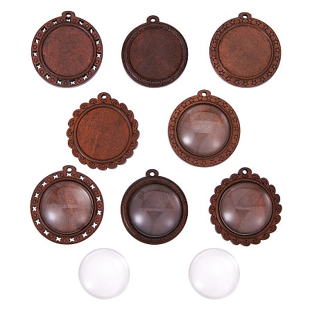 DIY Making, Wood Pendant Cabochon Settings and Clear Glass Cabochons, Flat Round, Camel, Tray: 30mm; 44x42x5.5mm, Hole: 2.5mm, 20pcs/set