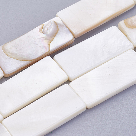 Honeyhandy Natural White Shell Beads Strands, Rectangle, Floral White, 27.5x11~12x3mm, Hole: 1mm, about 14pcs/strand, 15.35 inch(39cm)