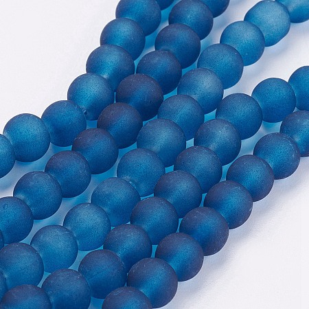 Honeyhandy Transparent Glass Bead Strands, Frosted, Round, Marine Blue, 6mm, Hole: 1.3~1.6mm, about 140pcs/strand, 31.4 inch