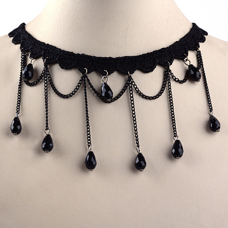 Honeyhandy Gothic Style Vintage Lace Choker Necklaces, with Iron Chains, Glass Beads, Black, 12.9 inch