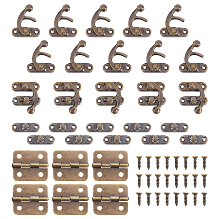 Iron Wooden Box Lock Catch Clasps, with Iron Cabinet Drawer Butt Hinges Connectors and Replacement Hinge Screws, Antique Bronze, 42~43x37x8mm, Hole: 2.5mm; 2pcs/set, 40sets